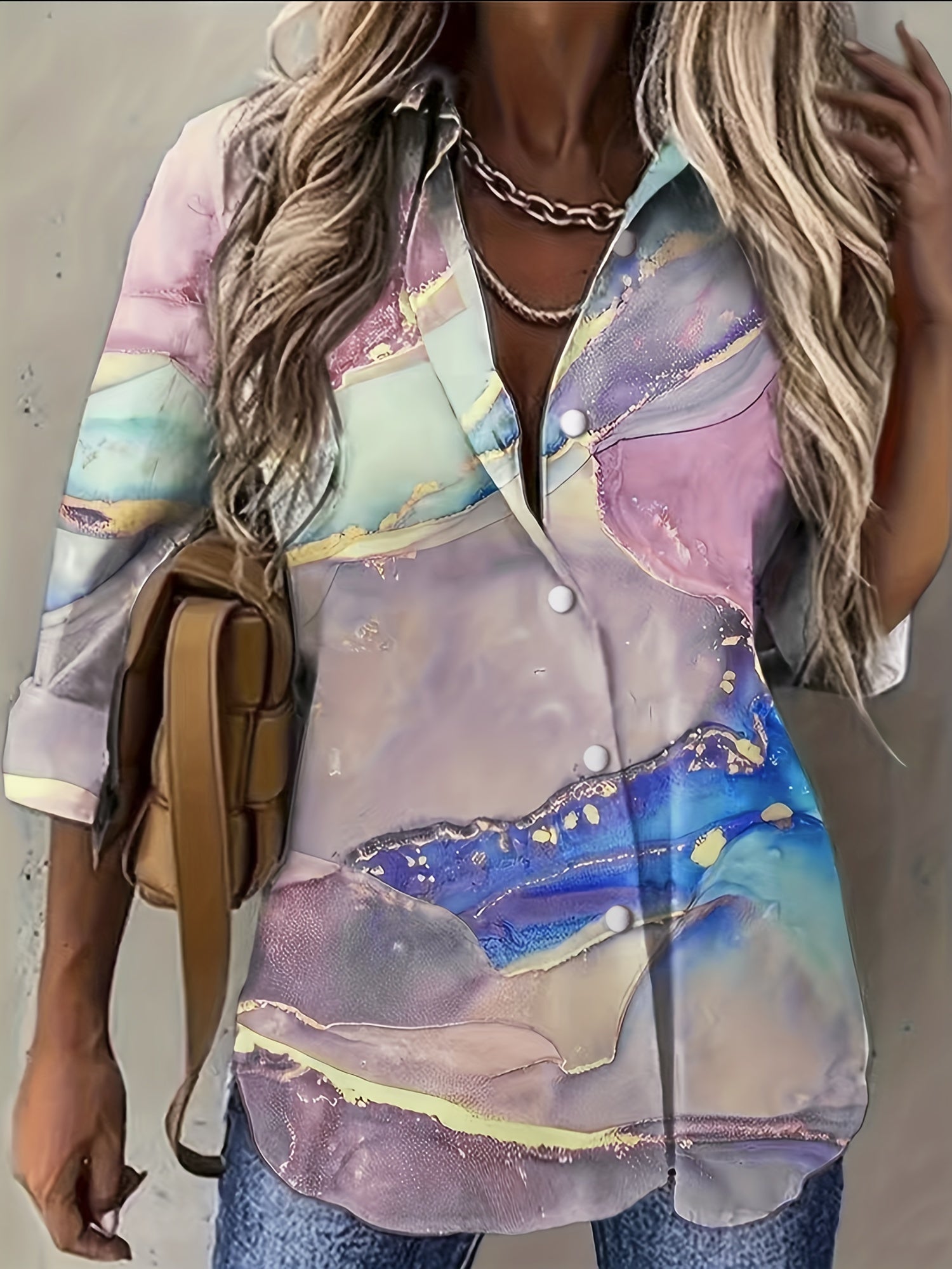  Marble Print Button Up Long Sleeve Blouse