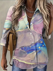  Marble Print Button Up Long Sleeve Blouse