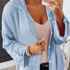  Corduroy Roll Up Sleeve Button Up Collar Top