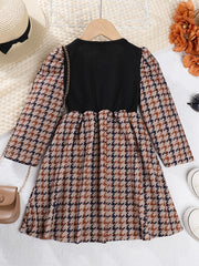 Girls' Houndstooth Patchwork Long Sleeve Casual Dress