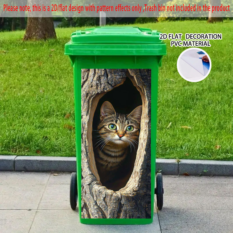 Realistic Tabby Cat Tree Hole Sticker Weather Resistant Art for Trash Bins