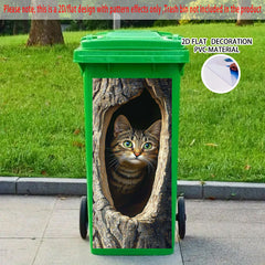 Realistic Tabby Cat Tree Hole Sticker Weather Resistant Art for Trash Bins