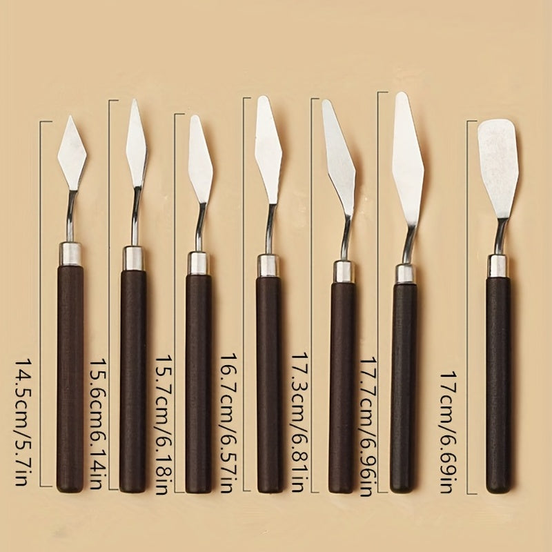 7pcs Stainless Steel Mixing Scrapers Art Spatula Wood Handle Watercolor Painting