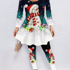 Christmas Outfits Set Snowman & Snowflake Print Top & Leggings 2 Piece