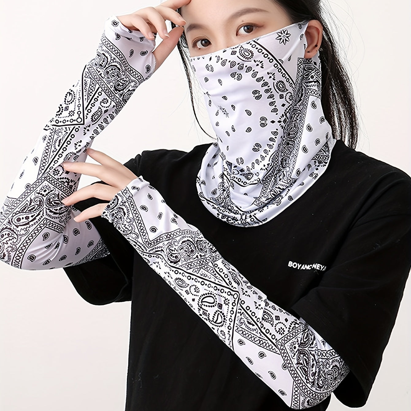 3pcs Paisley Print Sunproof Mask & Ice Sleeves Set Cycling Gear