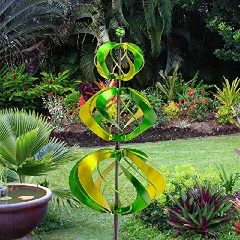 1pc Rotating Windmill Yellow Green Metal Garden Yard Windmill