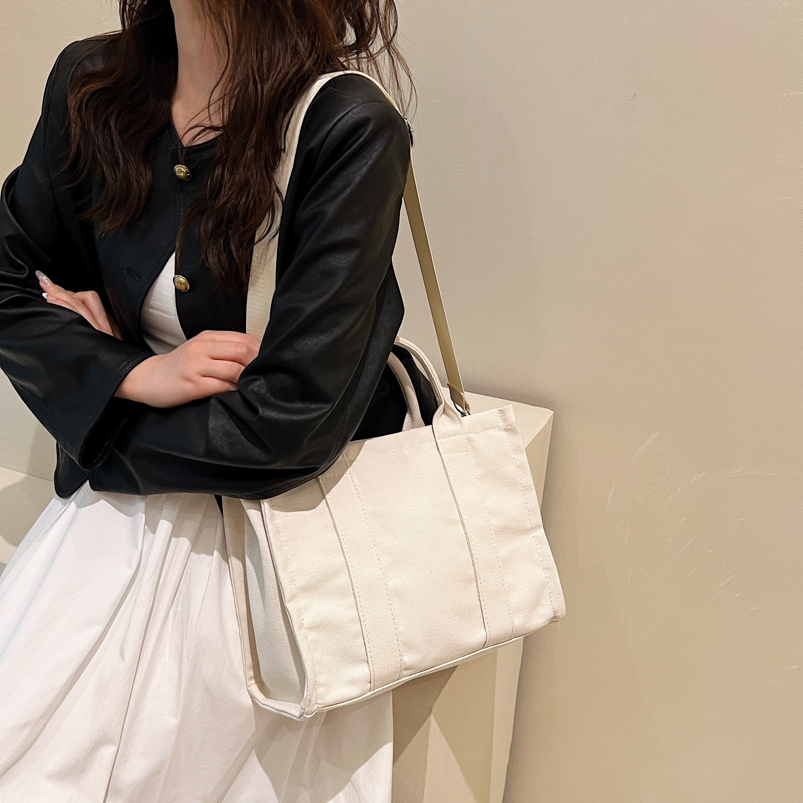 Solid Tote Bag Large Capacity Crossbody Bag Reusable Shopping Bag