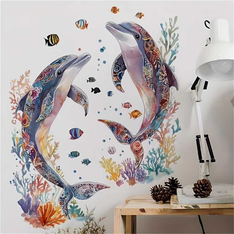 Watercolor Coral & Dolphin Wall Decal Easy Peel & Stick