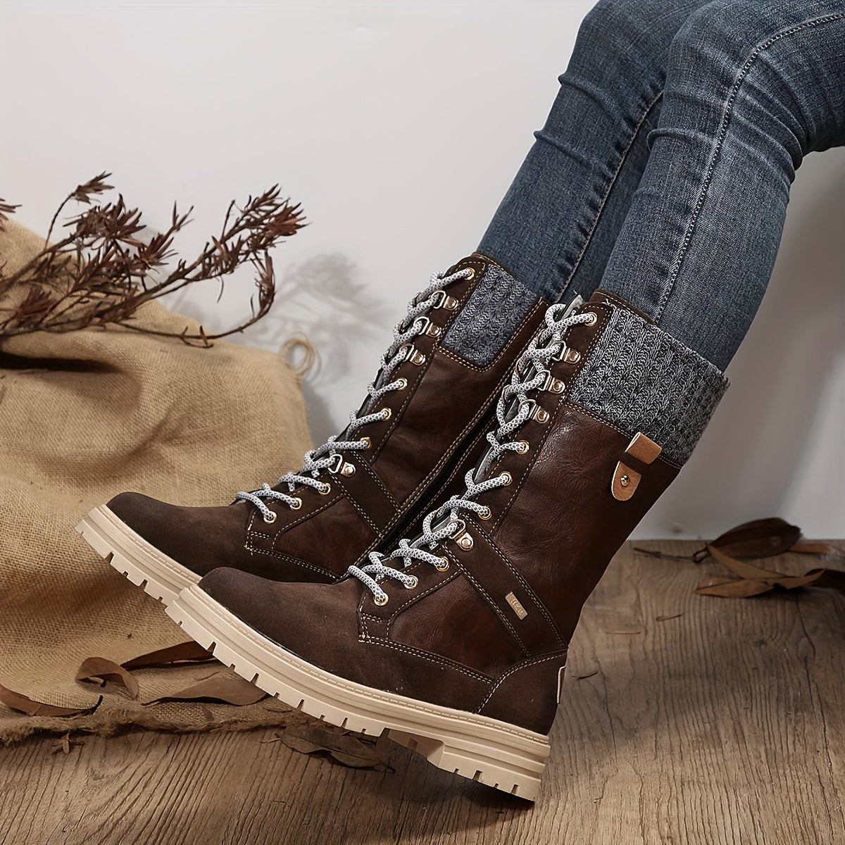 Faux Leather Snow Boots Flat Lace Up Mid Calf Winter Boots