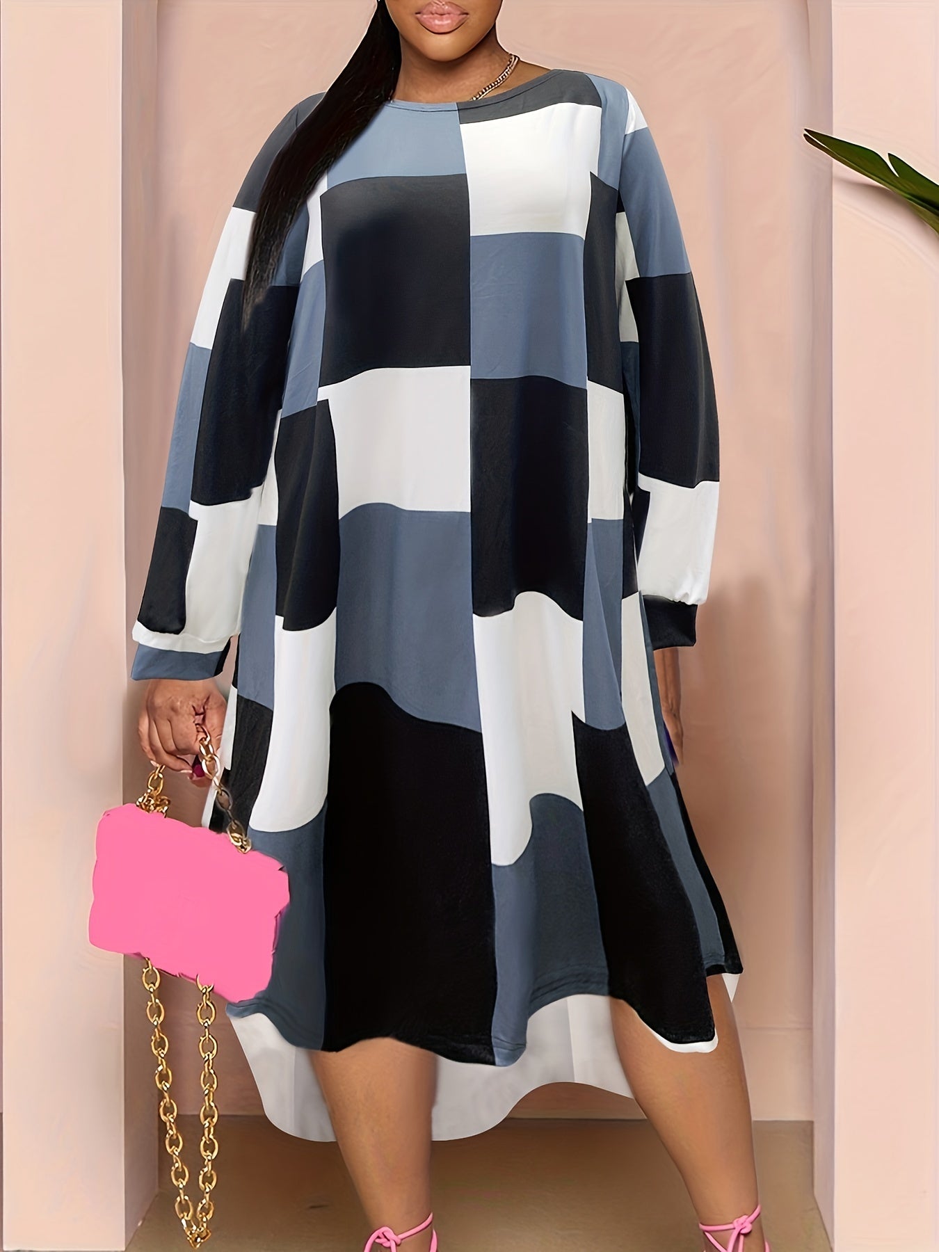  Plaid Print Batwing Sleeve Boat Neck Dress