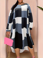  Plaid Print Batwing Sleeve Boat Neck Dress