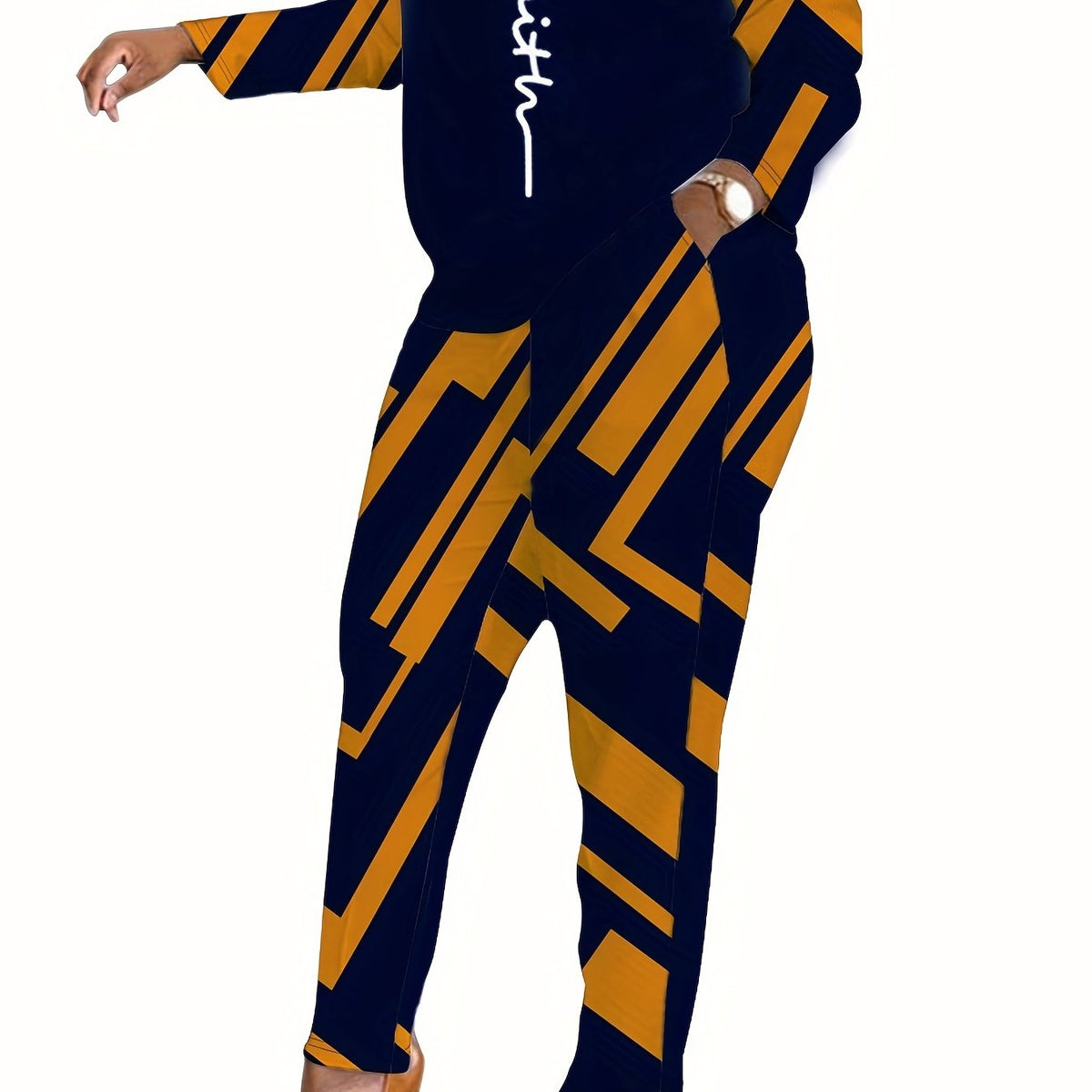  Colorblock Geometric Print Top & Skinny Pants Two Piece Set