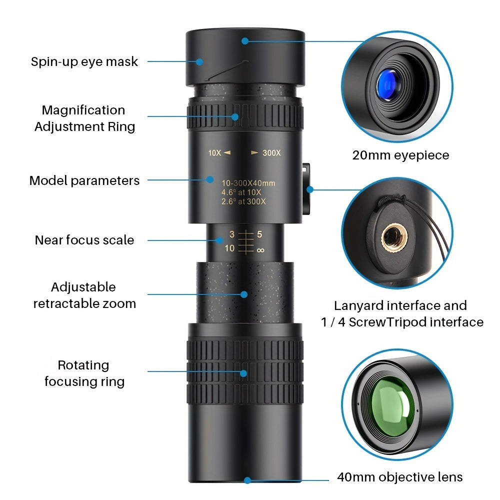 High-powered 10x40 Monocular Telescope with Phone Adapter & Tripod