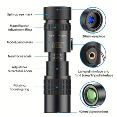 High-powered 10x40 Monocular Telescope with Phone Adapter & Tripod