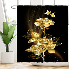 Golden Flower Shower Curtain Set with Bathroom Rug and Mat