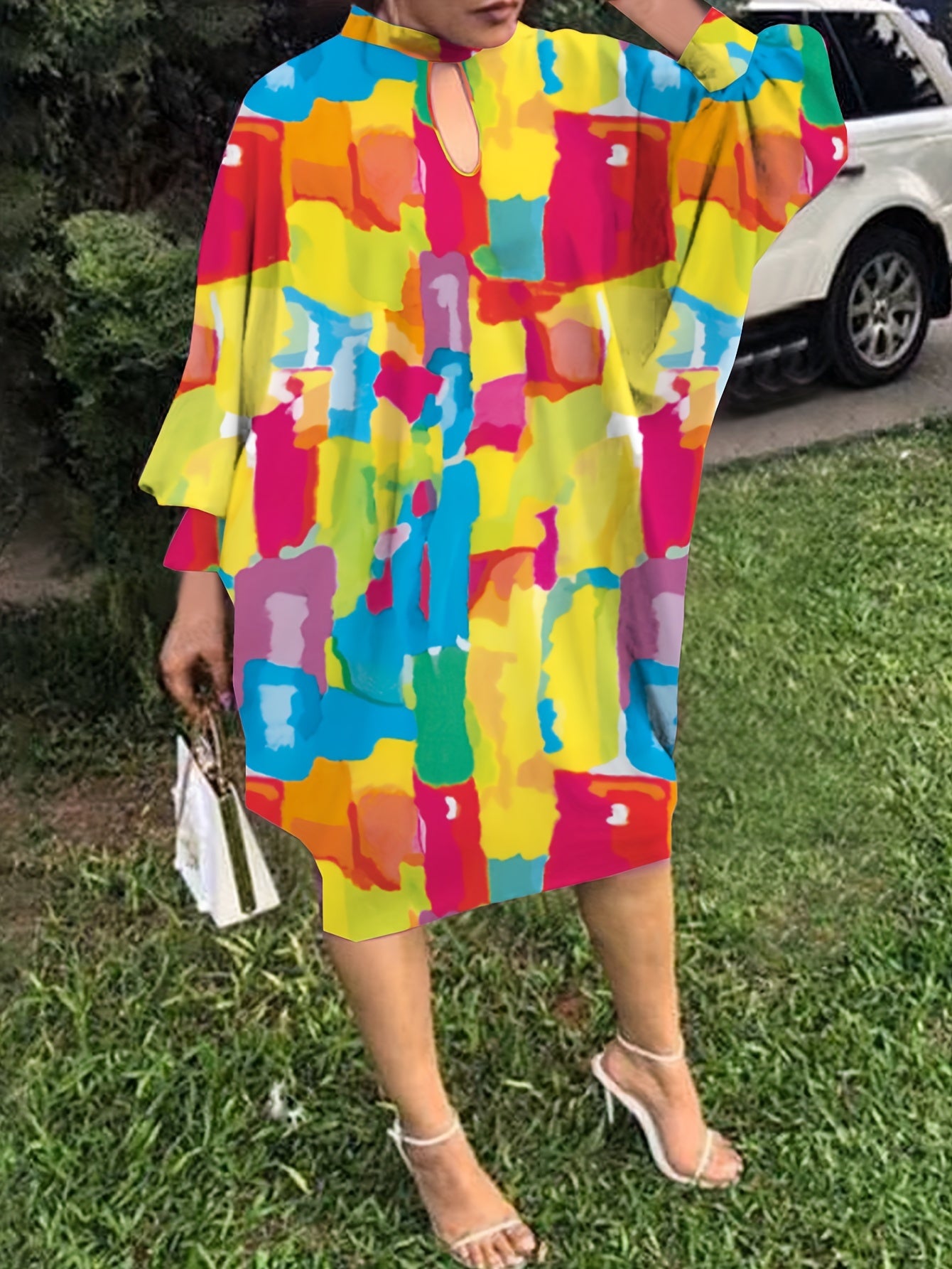  Allover Print Lantern Sleeve Loose Fit Dress