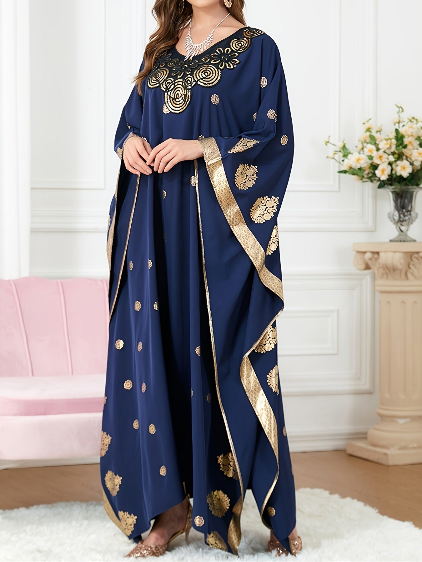  Golden Tribal Print Kaftan Dress V Neck