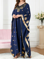  Golden Tribal Print Kaftan Dress V Neck