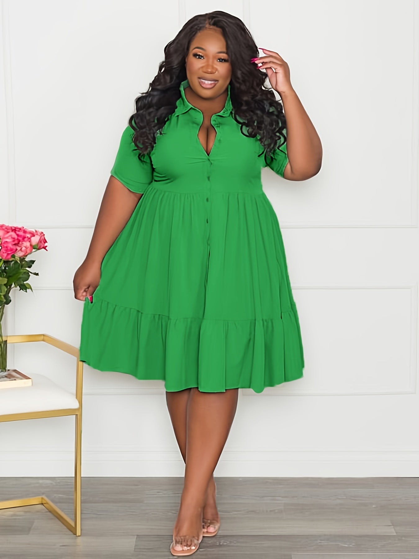  Button Front Midi Dress Women's Solid Short Sleeve Shirt Dress