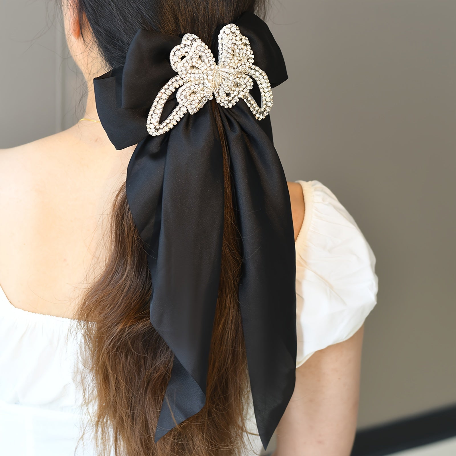 Polyester Bow Tie Hair Clip with Rhinestone Butterfly Decoration