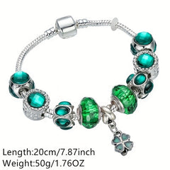 Four Clover Women Silvery Bracelet Green Stone DIY Bead Bangle