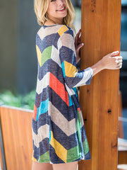  Colorblock Geometric Print Long Sleeve Mini Dress