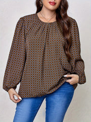  Casual Blouse Women's Plus Allover Print Lantern Sleeve