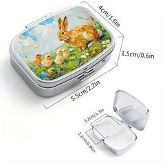 Easter Bunny Print Pill Organizer 2 Compartment Metal Case for Travel & Outdoor