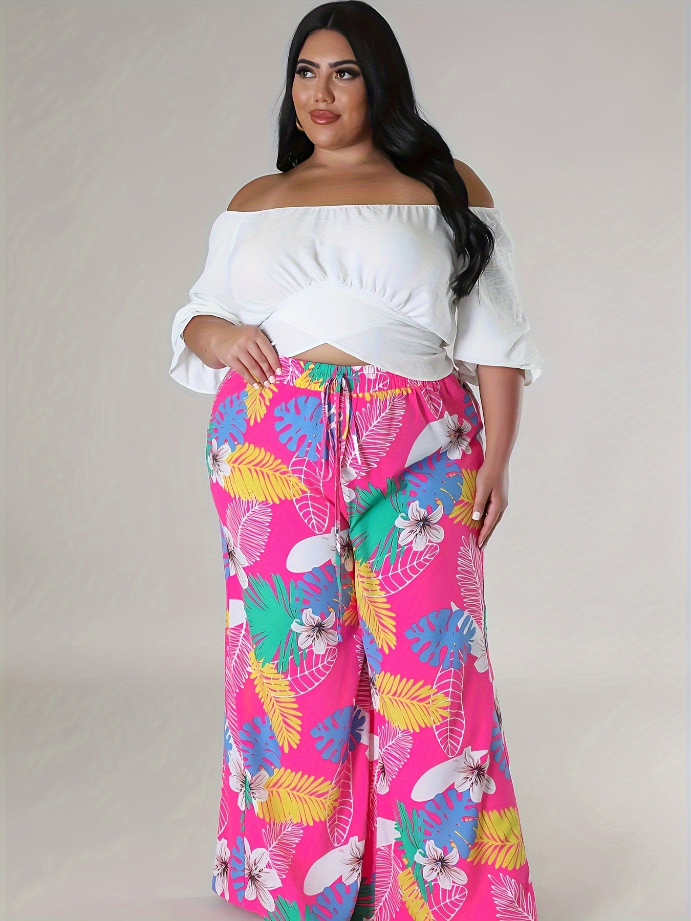  Tropical Print Wide Leg Boho Pants