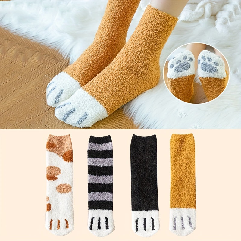 4 Pairs Cat Claw Print Socks Fuzzy Warm Women's Stockings