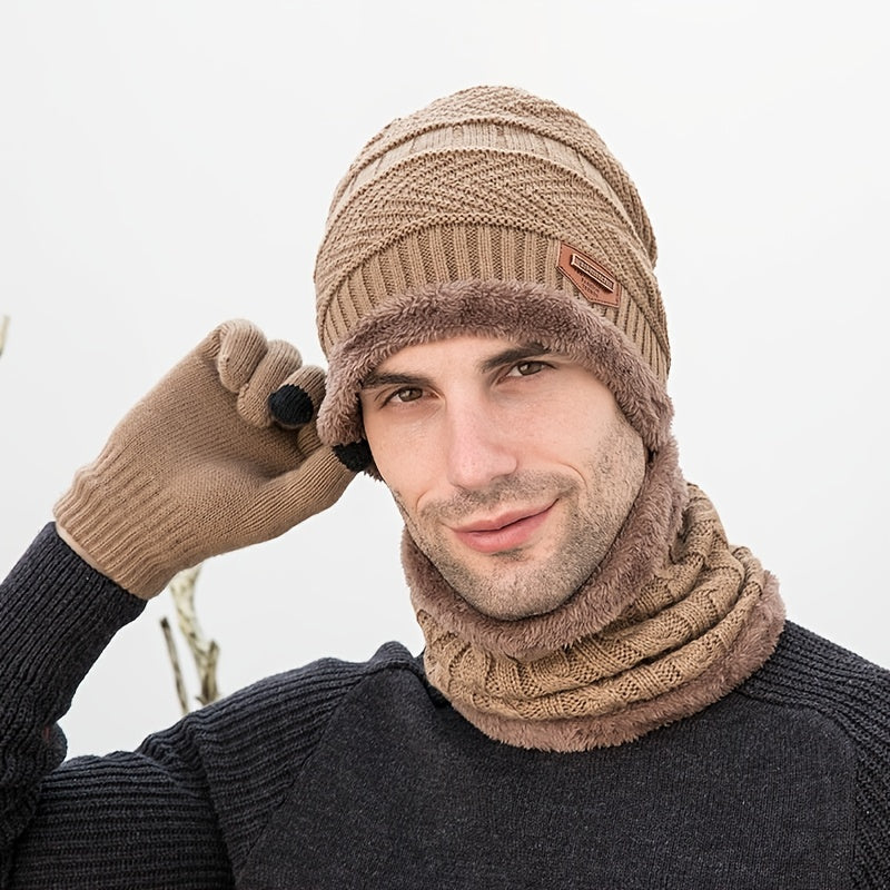 3pcs Casual Fleece Knitted Men's Outdoor Warm Hat Halter Gloves
