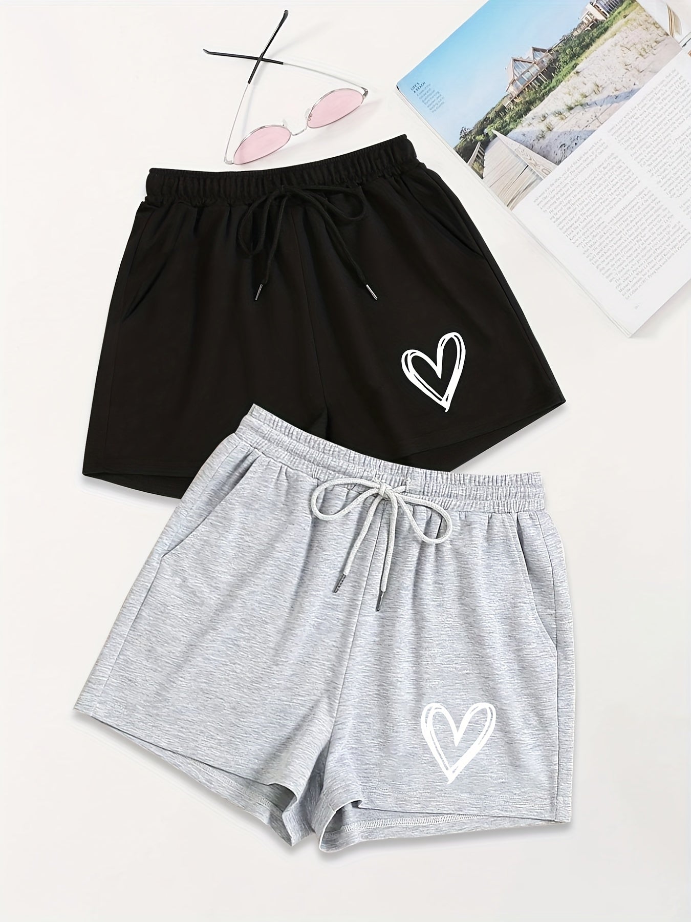 2 Pack Heart Print Drawstring Shorts for Women
