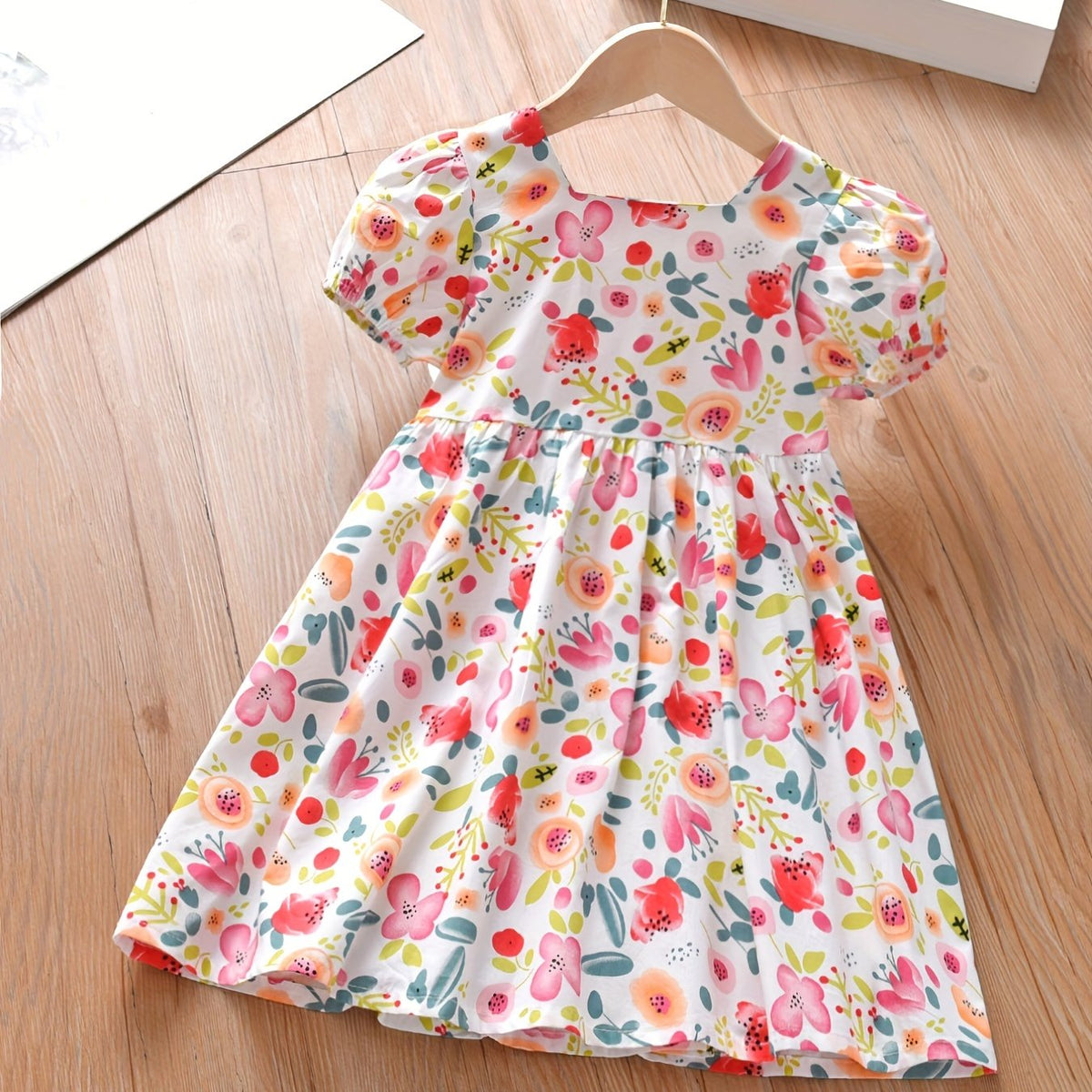 Toddler Girls Puff Sleeve Flowers Graphic Princess Dress