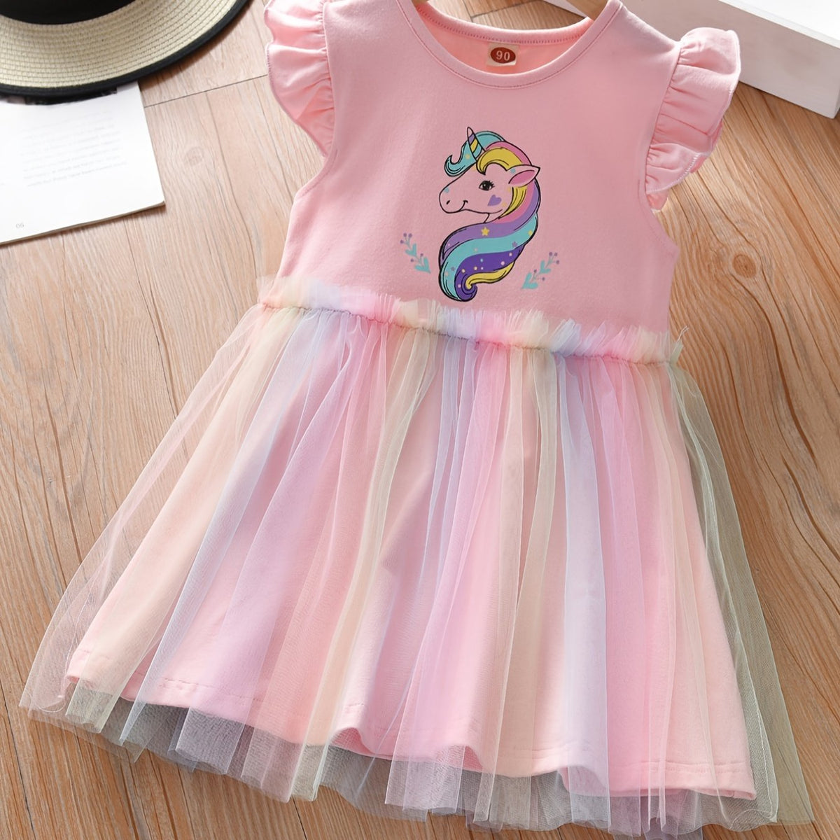 Girls Casual Mesh Dress With Unicorn Print For Summer