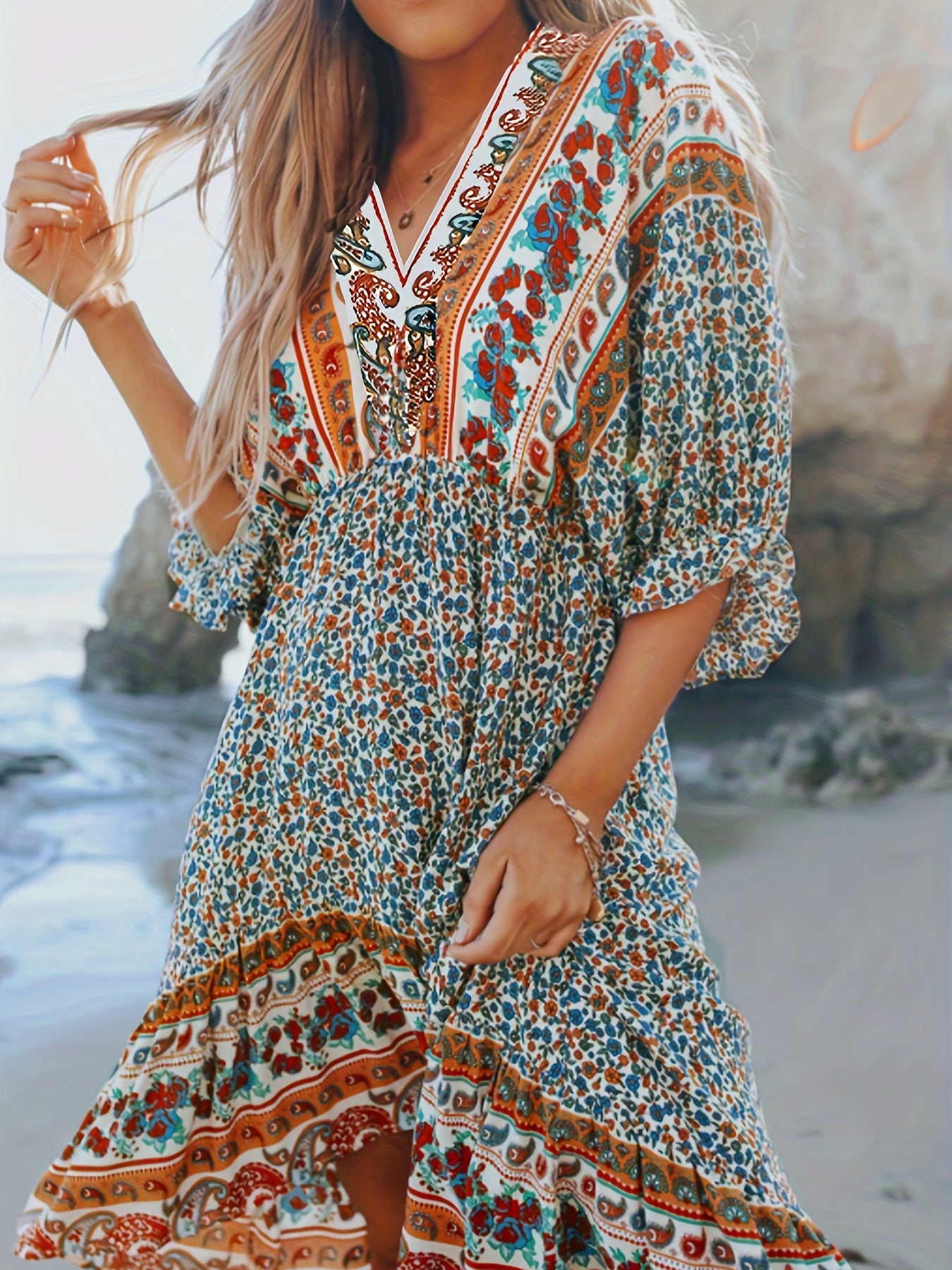  Colorblock Paisley Floral Maxi Dress