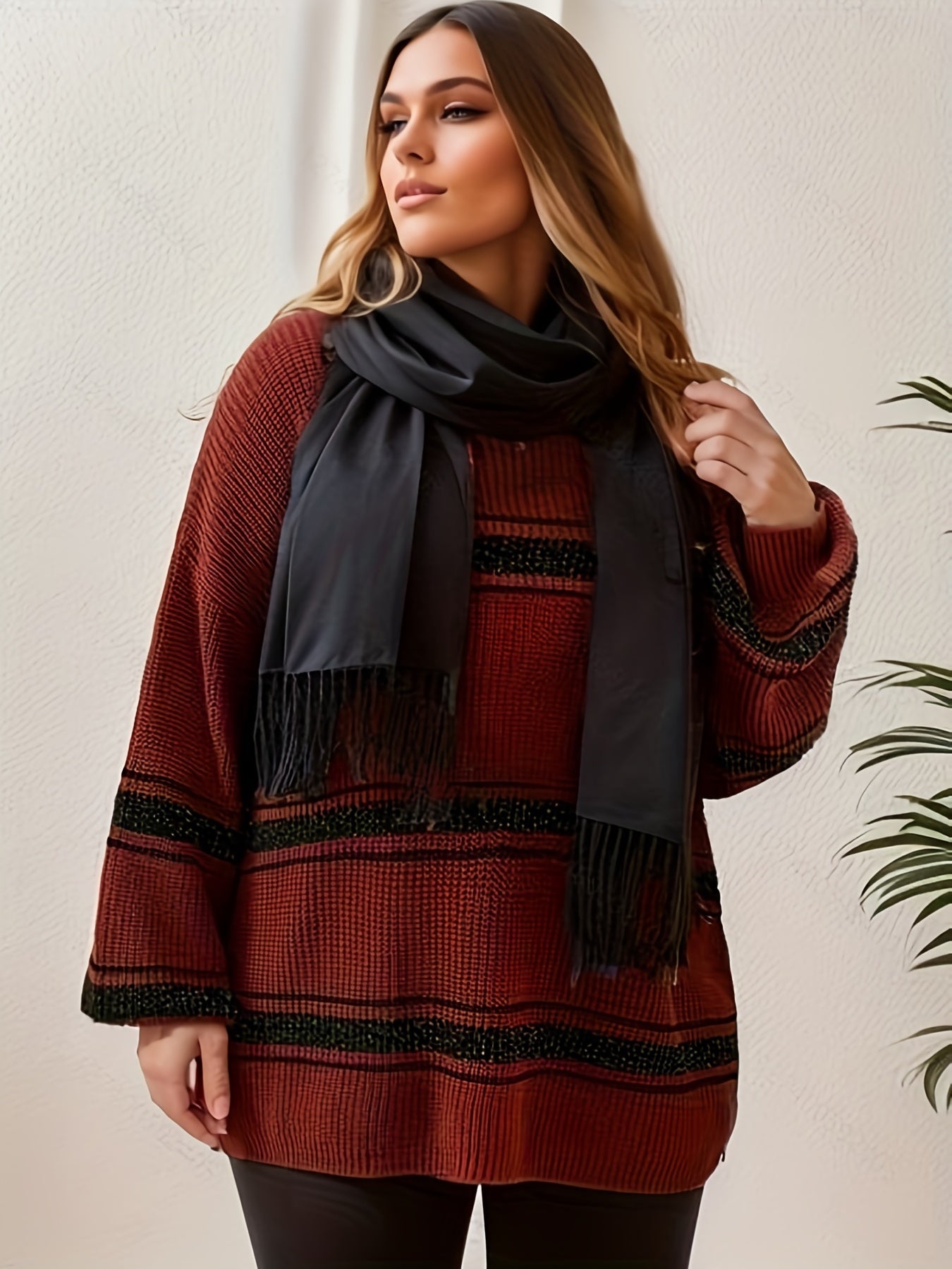  Casual Stripe Print Lantern Sleeve Sweater