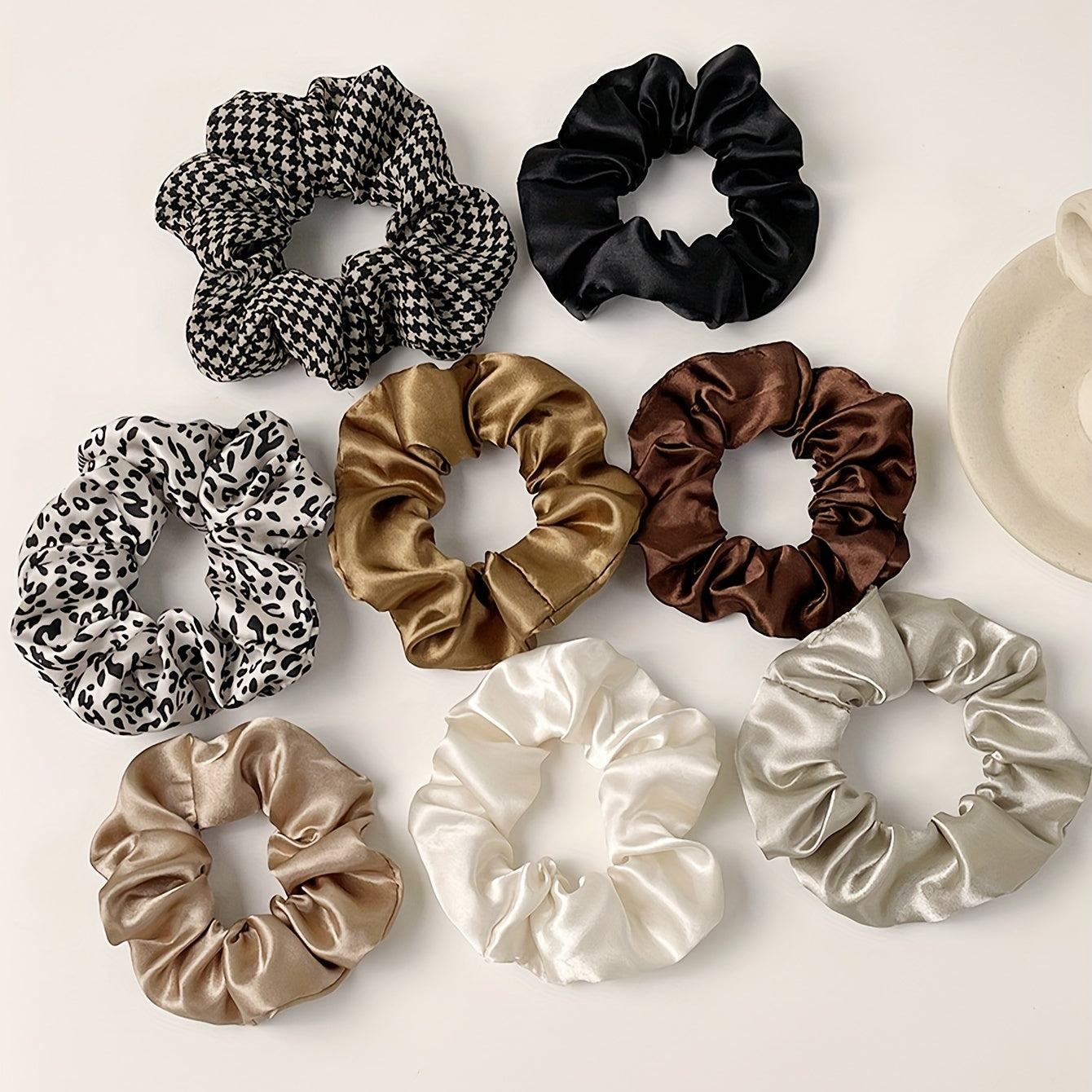 8pcs Houndstooth & Leopard Print Scrunchies Hair Ties