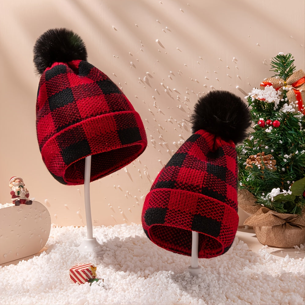 Red & Plaid Christmas Pom Pom Hat Set