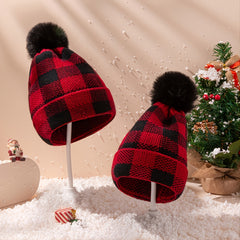 Red & Plaid Christmas Pom Pom Hat Set