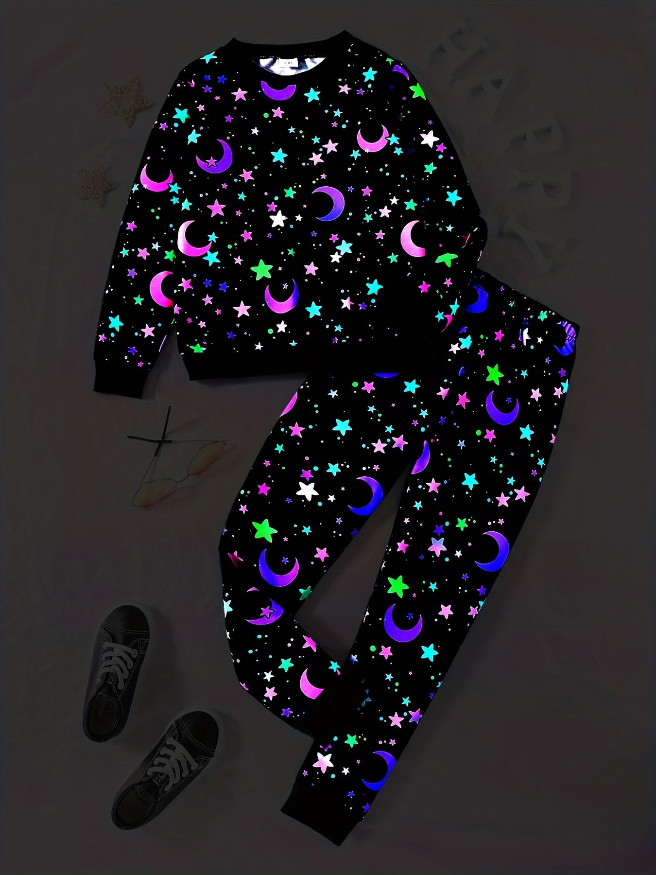 Star & Moon Reflective Girl's 2pcs Sweatshirt & Sweatpants Set