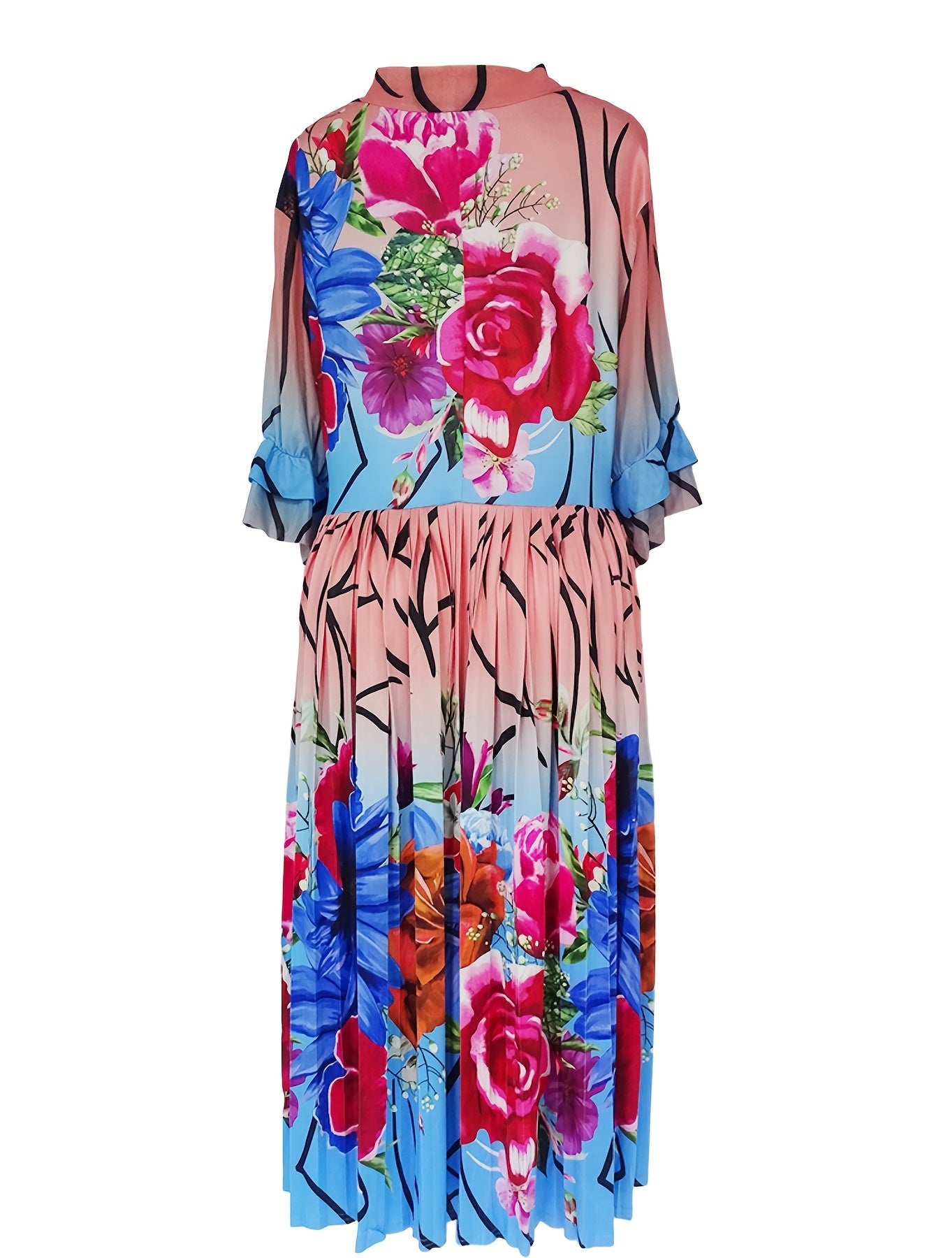 Floral Print Bow Tie Half Sleeve Midi Dress Women's Plus Size