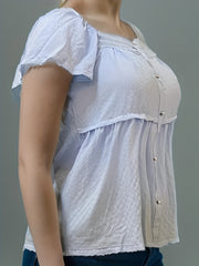  Lace Trim Blouse Short Sleeve Round Neck Top