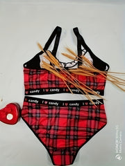 Sexy Lingerie Set Plaid Print Ruched Bra & Panty Christmas Two Piece
