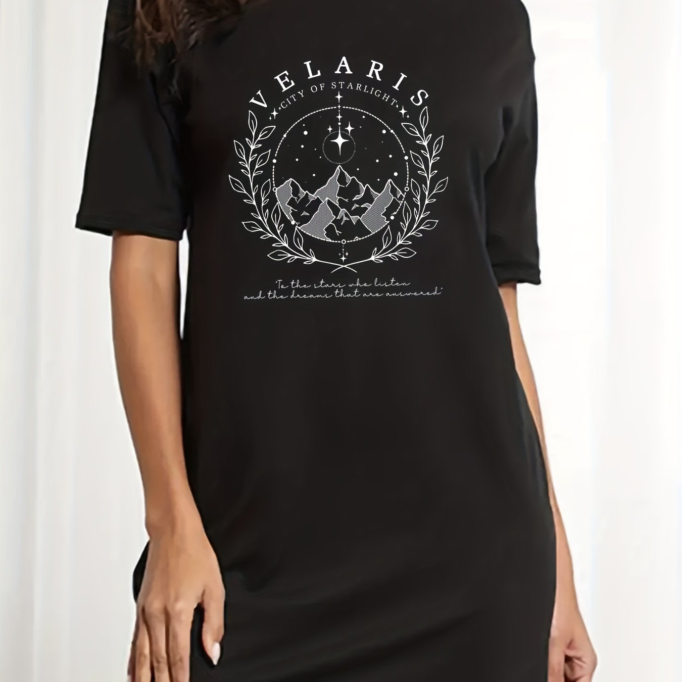 Women's Tee Dress Mountain & Slogan Print Short Sleeve Round Neck