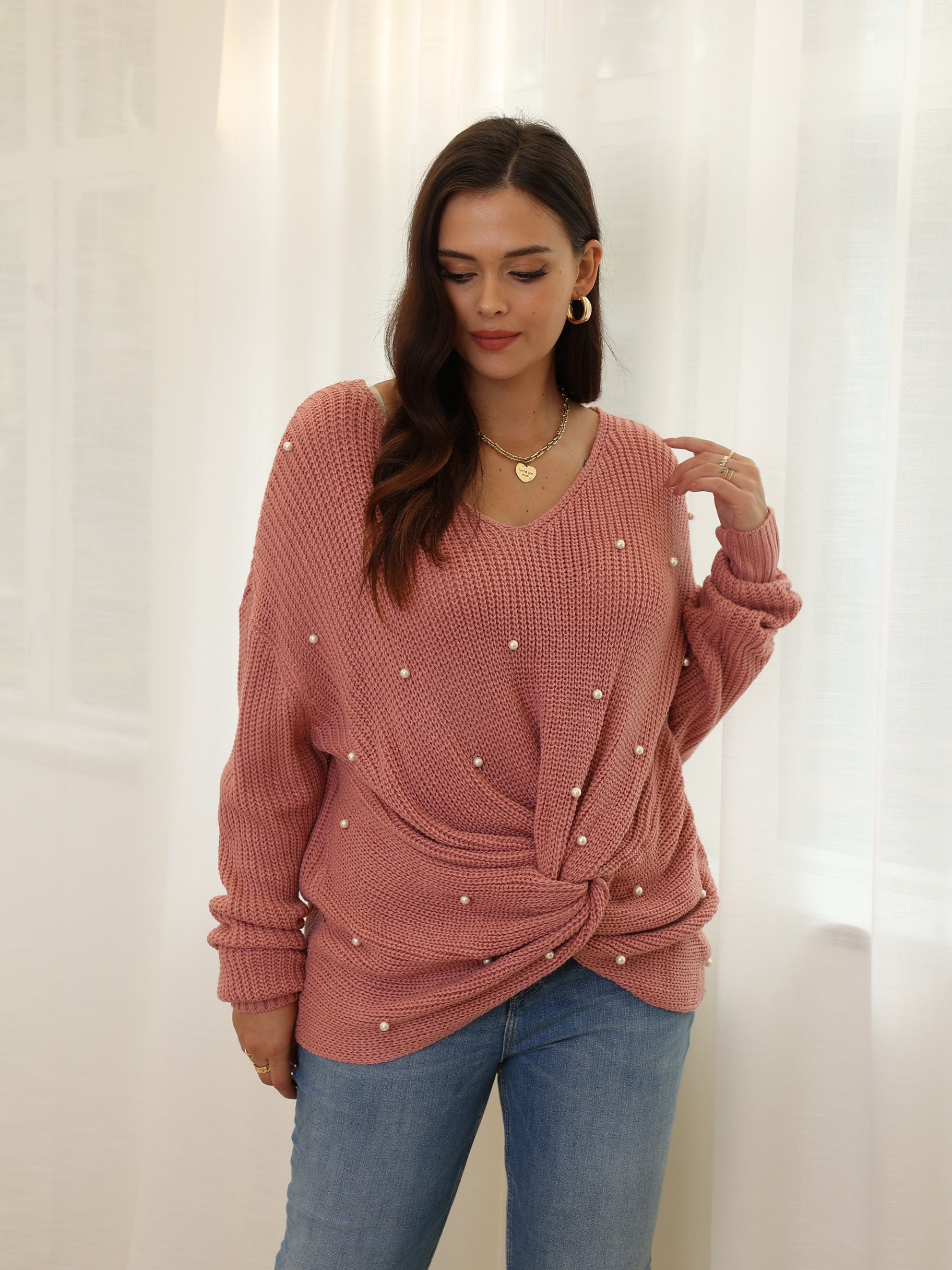  Women's Faux Pearl Twist Front V Neck Sweater