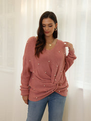  Women's Faux Pearl Twist Front V Neck Sweater