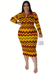 Geometric Print Turn Down Collar Bodycon Dress Plus Size