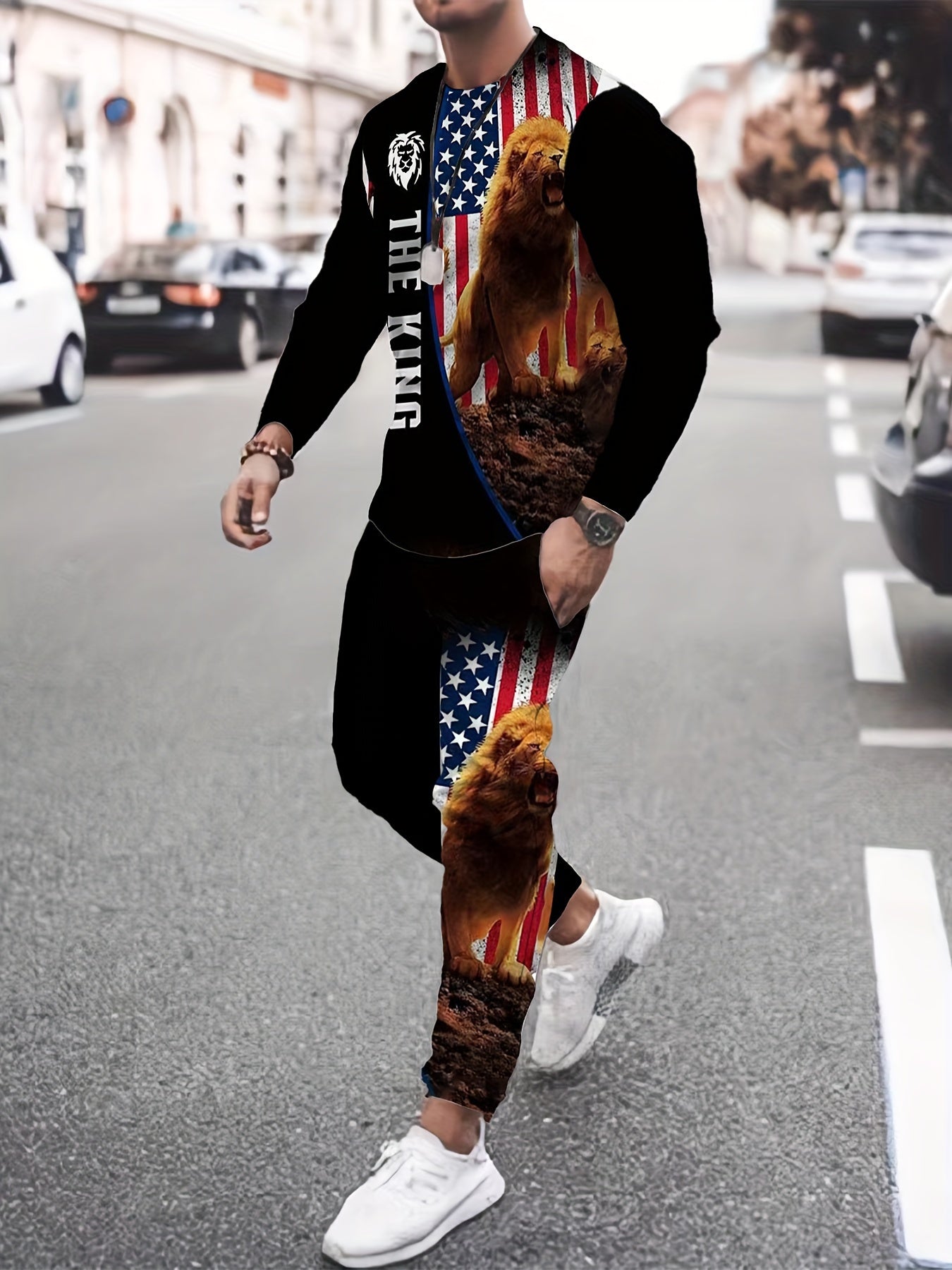 Lion Flag Pattern Long Sleeve T-shirt & Sweatpants Set
