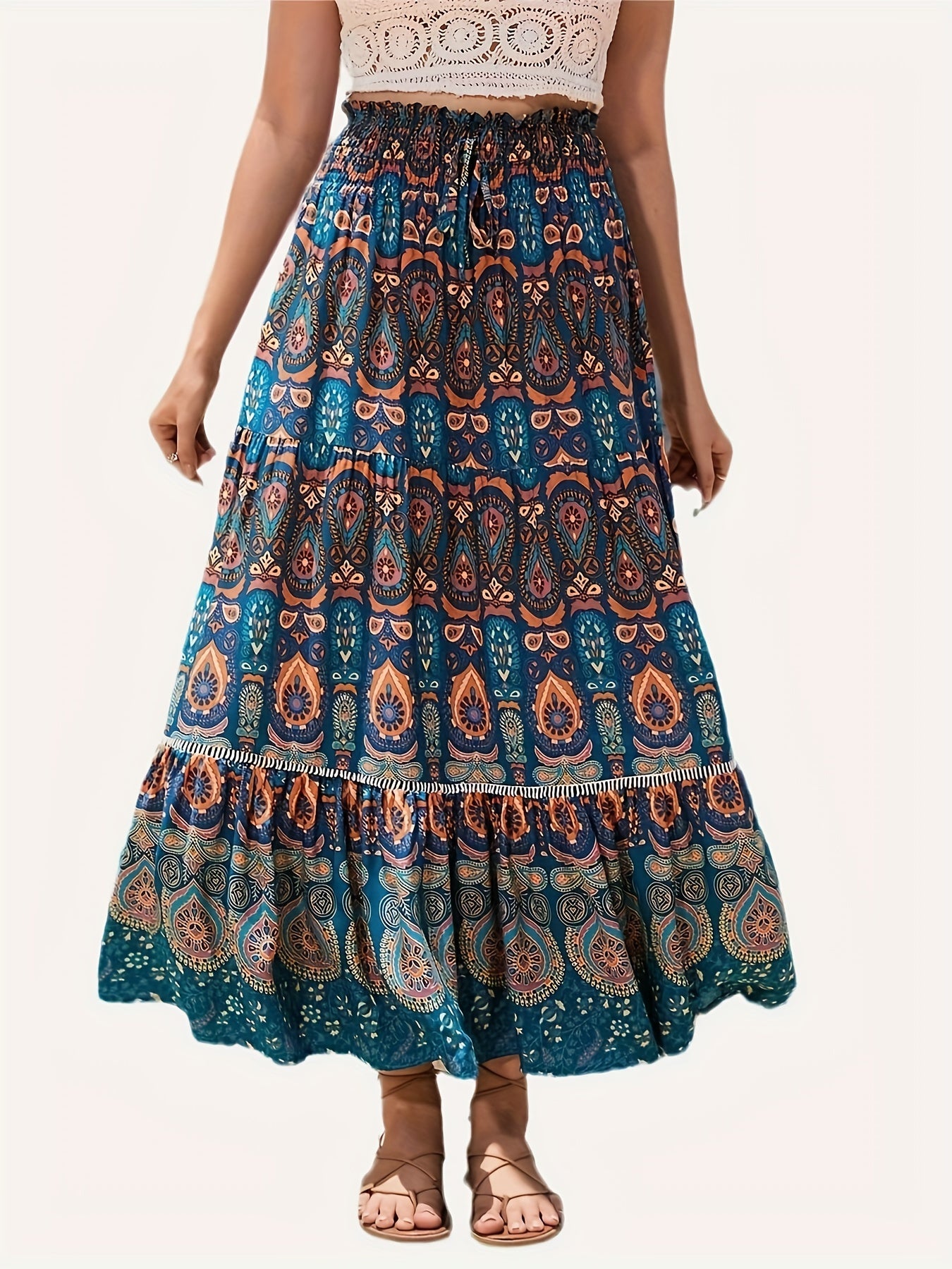  Boho Paisley Floral Print Maxi Skirt