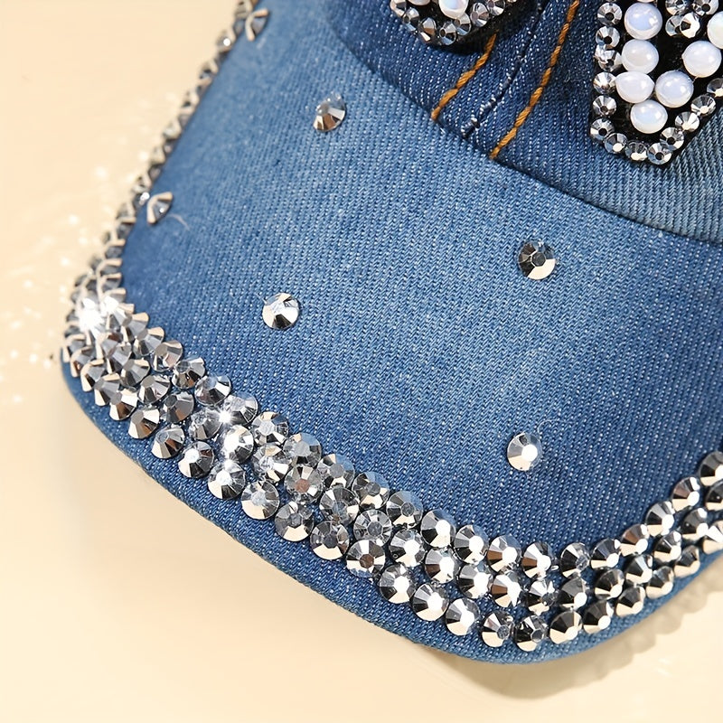 Denim Baseball Cap Faux Pearl Rhinestone Decor LOVE Distressed Sun Hat